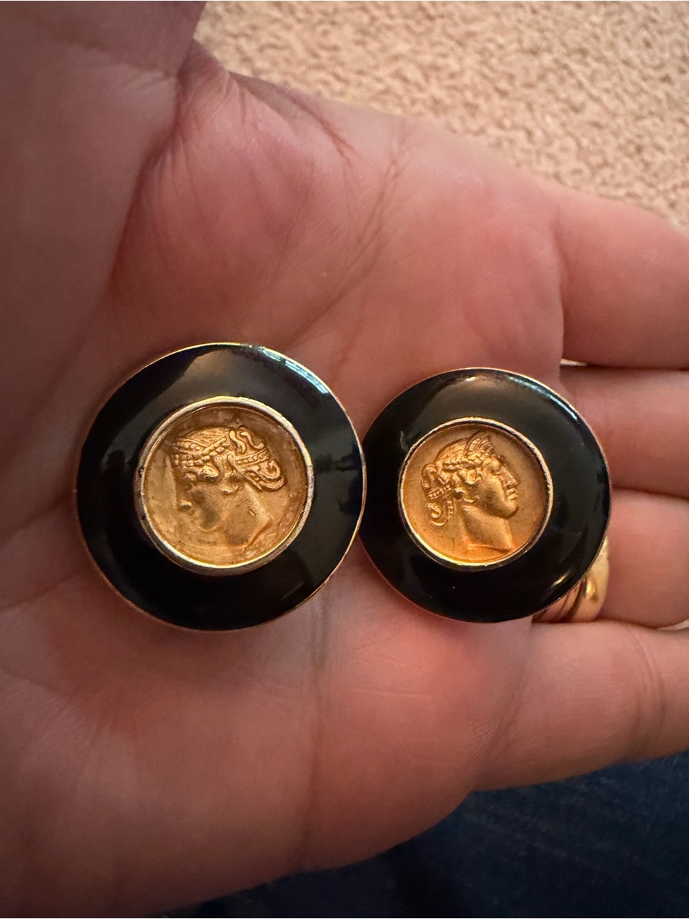 Vintage Monet Black Gold Tone Coin Medallion Clip On Earrings Signed 1 Inch